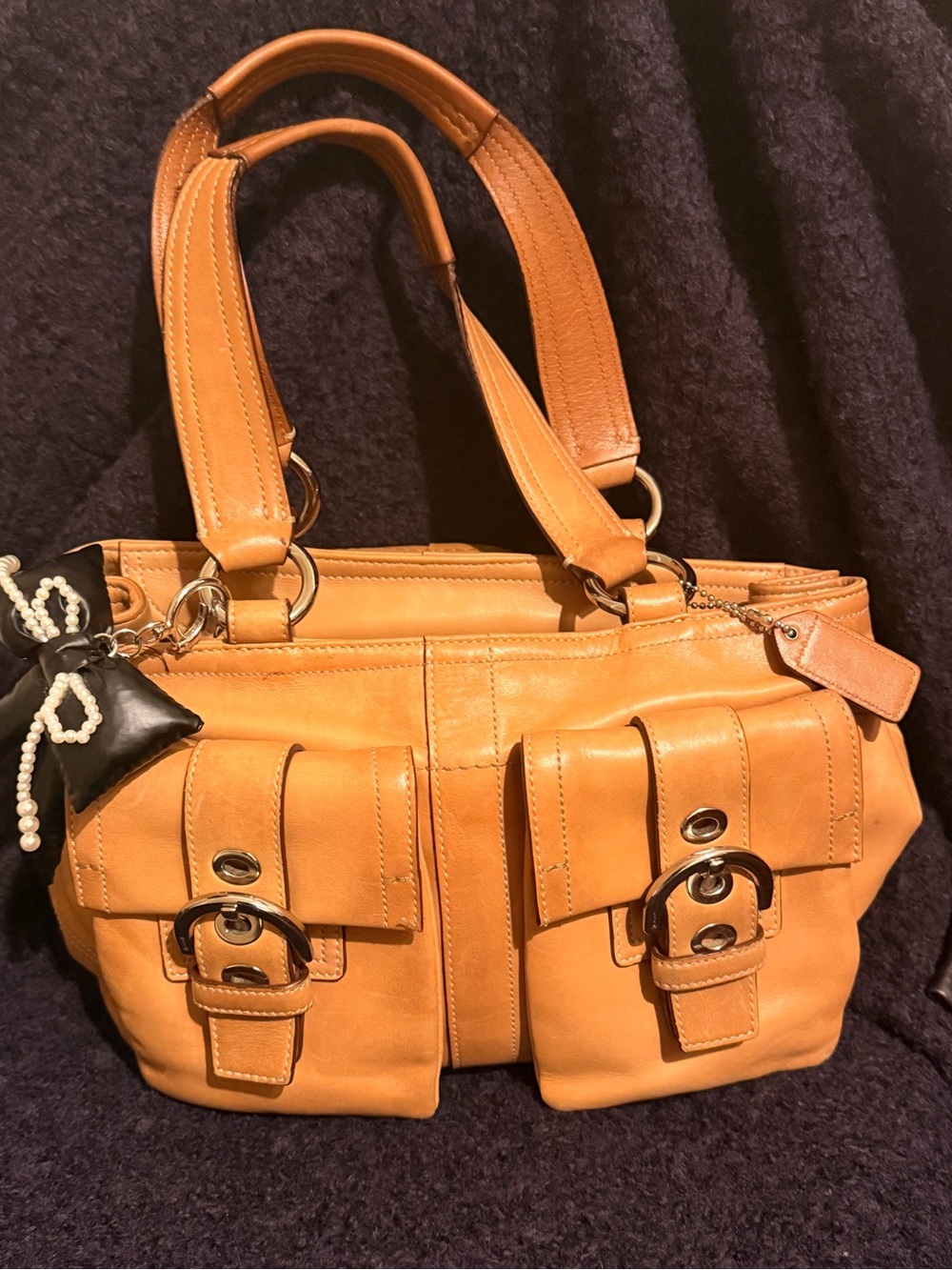 Vintage Coach Tan Leather Double Front Pocket Shoulder Bag